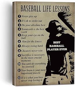 Baseball Life Lessons Never Give up Canvas Painting Framed Wall Art Decor for Home Bedroom, Retro Best Baseball Players Canvas Poster Print Gifts for Birthday Christmas